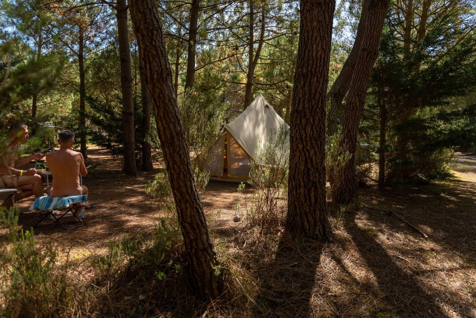 tente au milieu de la forêt dans un camping naturiste